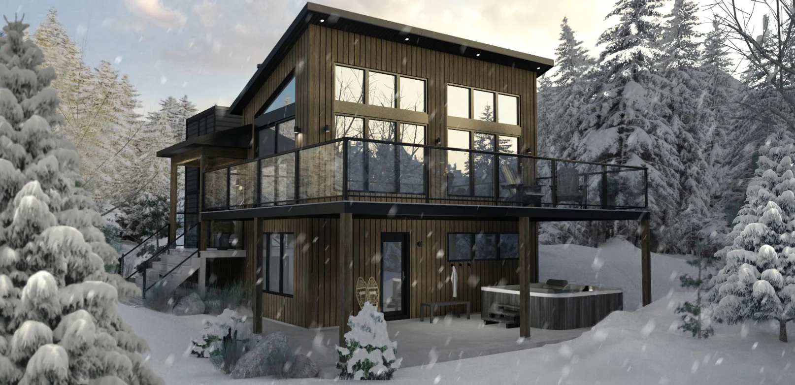 Modern wooden cottage in the snow, with a large glazed balcony and a hot tub on the winter terrace