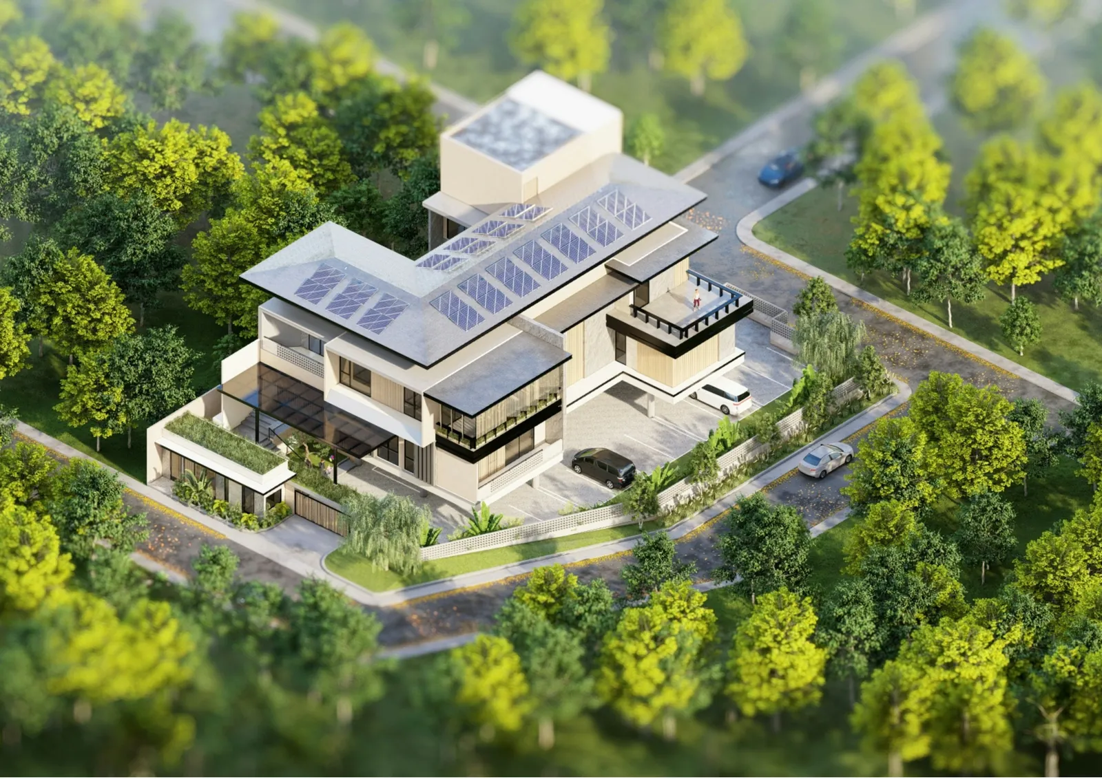 Vue aérienne d'une maison moderne avec panneaux solaires sur le toit, entourée d'arbres