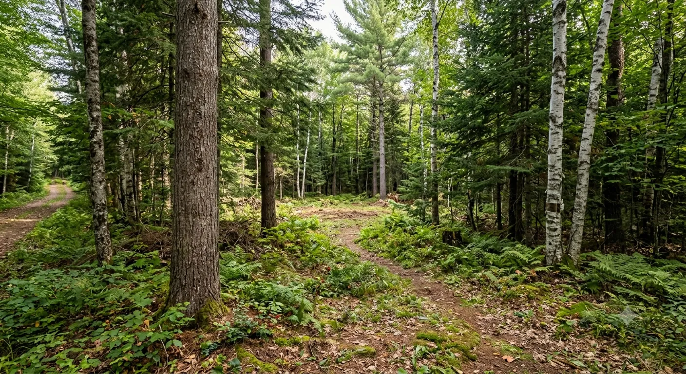 View of buildable land in Quebec, wooded with hardwoods and conifers, crossed by a trail