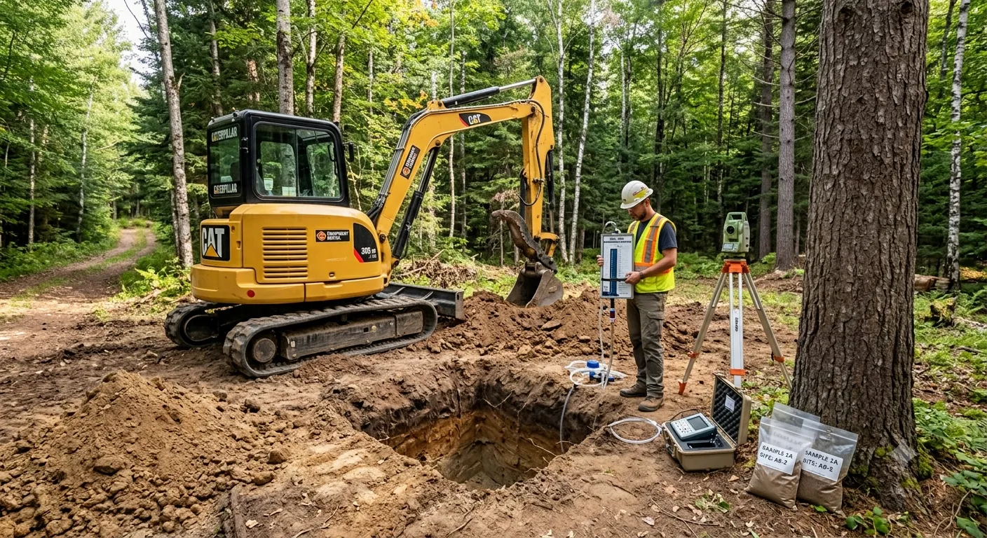 Test de percolation sur un terrain boisé, excavatrice creusant un trou d'essai et échantillons de sol