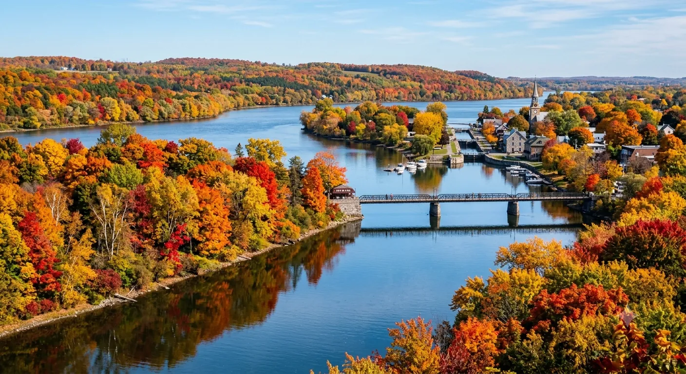 Village au bord d'une rivière aux couleurs d'automne, avec un pont et un clocher